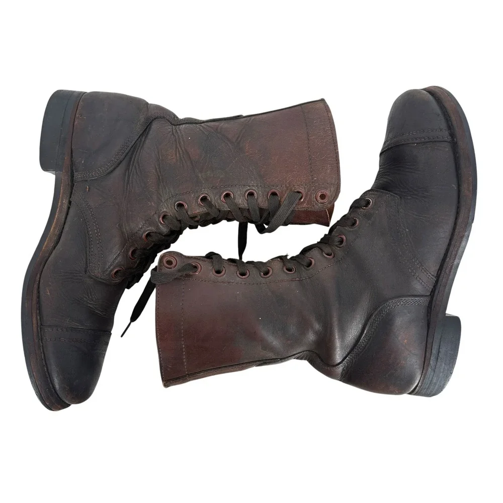 Vintage 60s Brown Leather Paratrooper Jump Boots Size 9 Cap Toe Military Combat